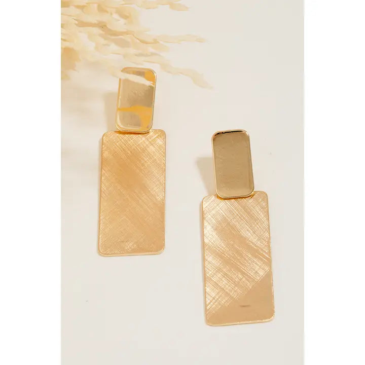 Brushed Metallic Rectangle Dangle Earrings – Modern Minimalist Gold Statement Earrings. Lightweight, Sleek, and Hypoallergenic Jewelry for Everyday & Special Occasions.