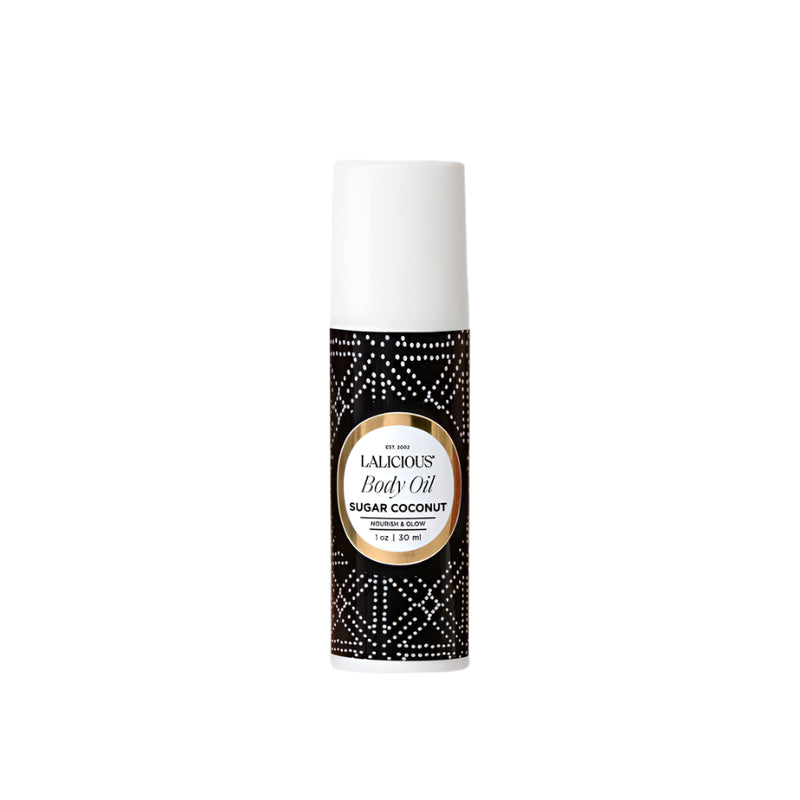 Lalicious Body Oil 1 oz in Sugar Coconut – tropical-scented hydrating oil with warm coconut and vanilla notes for glowing skin.