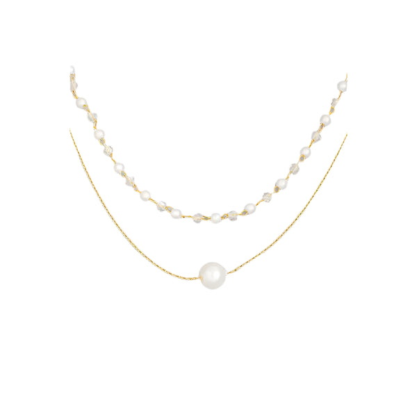 A stunning Pearl Layered Necklace – Elegant Two-Layer Gold Chain with Luminous Pearls & Statement Pearl Pendant. Timeless & Versatile Jewelry for Everyday Elegance & Special Occasions. Great gift idea or for a celebratory occasion. 