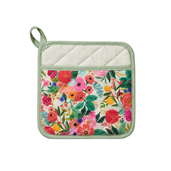 A functional, stylish, and trending from Rifle Paper Co. Garden Party Pot Holder. This is a Heat-Resistant Quilted Cotton Kitchen Accessory with Colorful Floral Print – Stylish & Functional for Cooking and Baking.