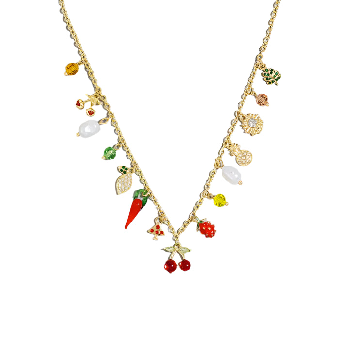 Assorted Fruit and Pearl Charms Chain Necklace – Fun and Playful Gold Charm Necklace with Strawberry, Cherry, Lemon Accents & Pearls | Trendy Statement Jewelry for Everyday & Layering. Such a unique and trendy option for a gift or to treat yourself. 