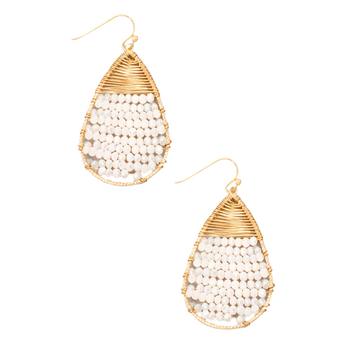 Faceted Beaded Tear Dangle Earrings – Elegant Teardrop Earrings with Sparkling Faceted Beads. This color featured is a beautiful pearly white beaded. Lightweight Statement Jewelry for Special Occasions & Everyday Wear.