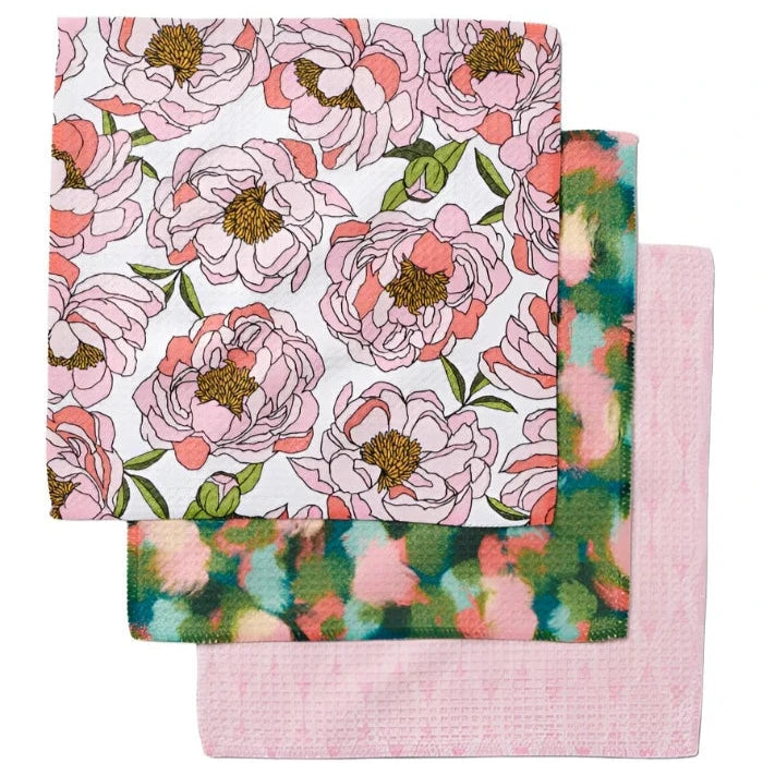 Geometry Home 3-Pack Dishcloths in Peony Paradise Print . This is a classy floral design with beautiful pinks, and green colors, perfect for adding a touch of style and functionality to your kitchen. Soft, absorbent, and durable, these dishcloths elevate your cleaning routine with a chic, modern twist.