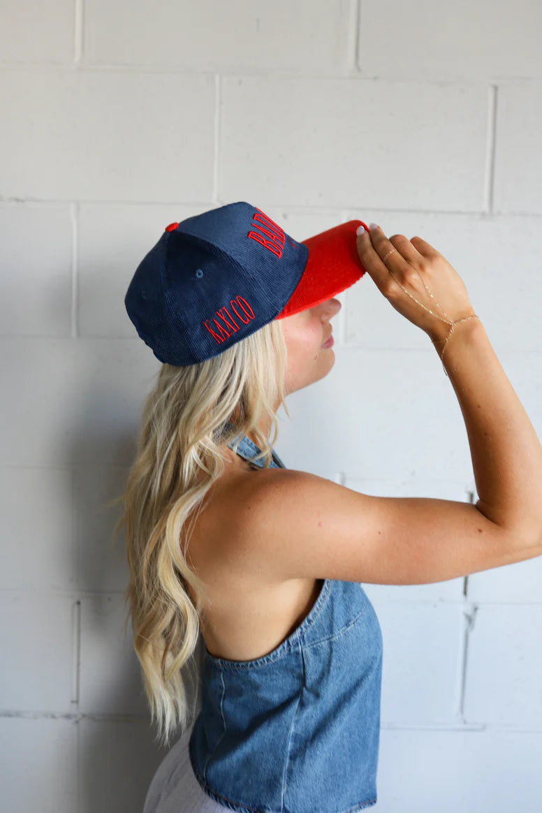 KAXI Bad Hair Day Trucker Hat- Red/Blue Corduroy