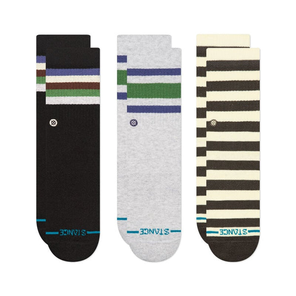 Top trending 3 pack of socks for kids; from Stance Kids Crew Socks 3 Pack in a fresh new color pack option called Evergreen. Comfortable and durable crew socks for kids, featuring a stylish evergreen color. This 3-pack offers soft, breathable fabric for all-day wear, providing the perfect fit for active children. Ideal for school, sports, or casual outings, these socks combine fun style with long-lasting comfort.