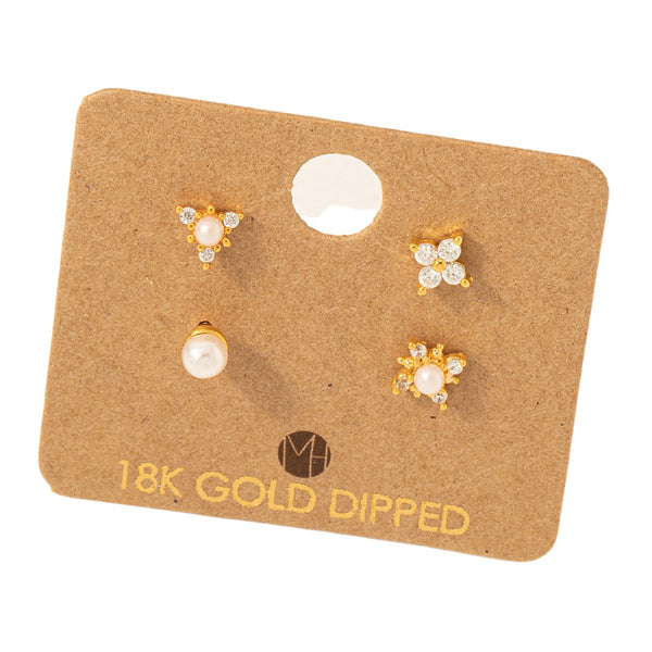 Mini Floral Pearl Stud Earrings Set