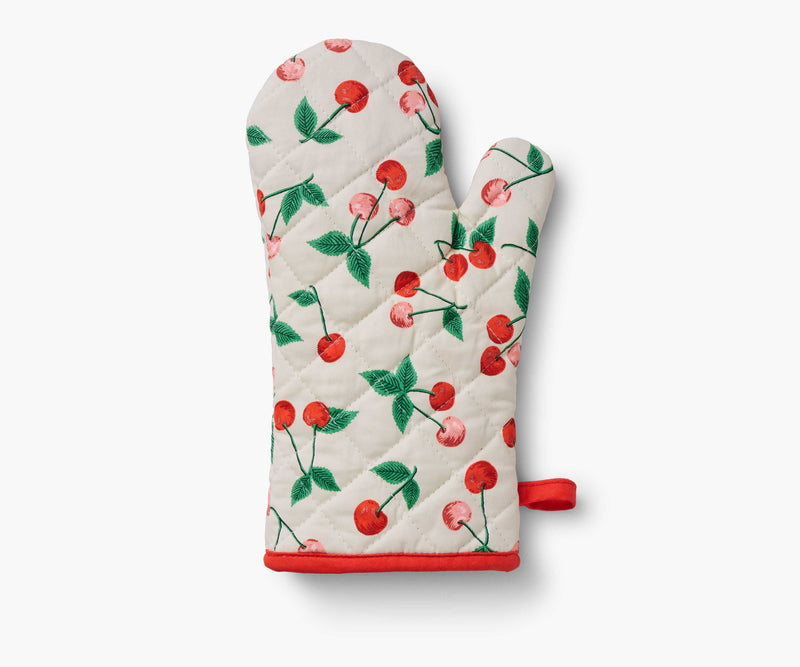 The most perfect gift for the baker in your life, or for yourself, from Rifle Paper Co. Garden Party Oven Mitt it is a Heat-Resistant Quilted Cotton Kitchen Mitt with a darling cherry print that isn't too overbearing and gives a fresh, modern twist on cherries – Stylish and Functional Cooking & Baking Accessory.