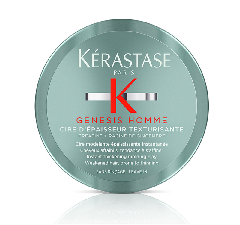 The Genesis Homme Cire D'Epaisseur Textureisante from Kerastase is a light weight wax, for men, that won't weight down the hair. Ideal for weakened hair that is prone to thinning. This light-hold wax pomade for men provides defined texture and thickness for weakened hair that is prone to thinning. Formulated with Creatine and Ginger Root to strengthen hair fibers; it provides instant thickening hair action and has a non-sticky texture. 