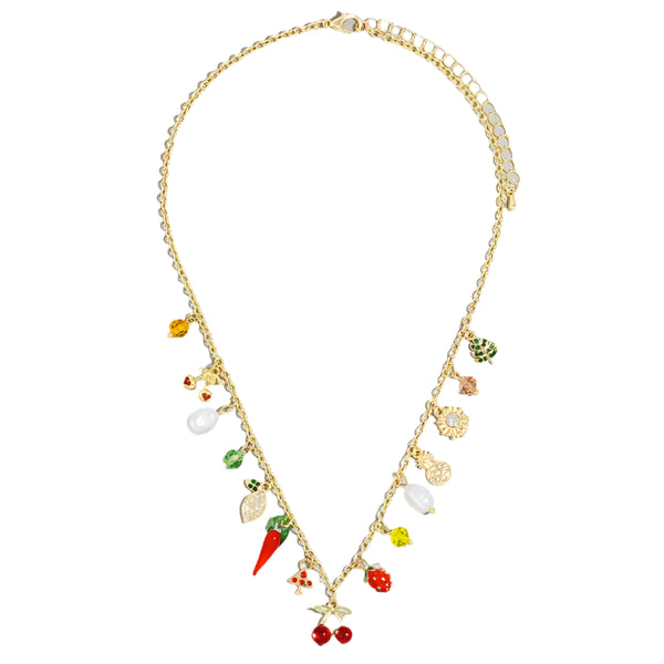 Assorted Fruit and Pearl Charms Chain Necklace – Fun and Playful Gold Charm Necklace with Strawberry, Cherry, Lemon Accents & Pearls | Trendy Statement Jewelry for Everyday & Layering.